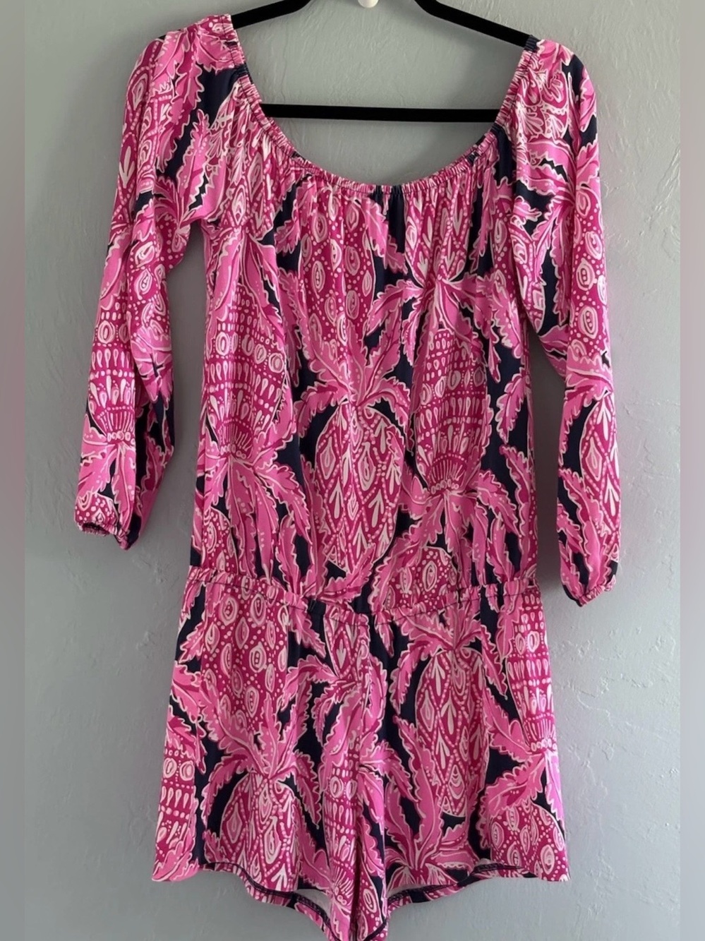 Lilly Pulitzer Lana Long Sleeve Romper Pink Coco Safari- Off the Shoulders - S